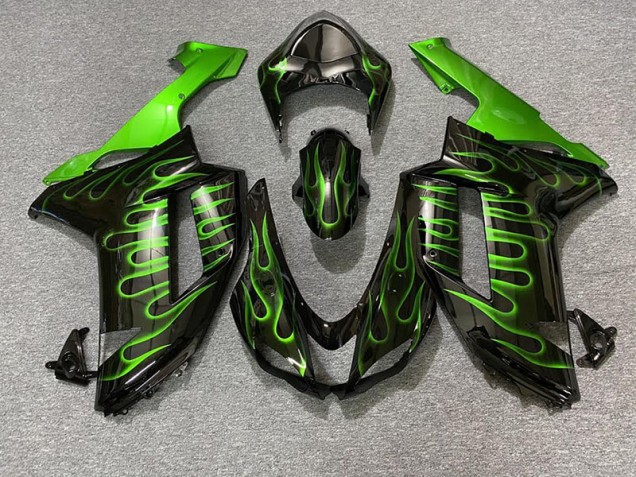 2007-2008 Gloss Black & Green Flame Kawasaki ZX6R Motorcycle Fairing UK 2007-2008 Gloss Black & Green Flame Kawasaki ZX6R Motorcycle Fairing UK